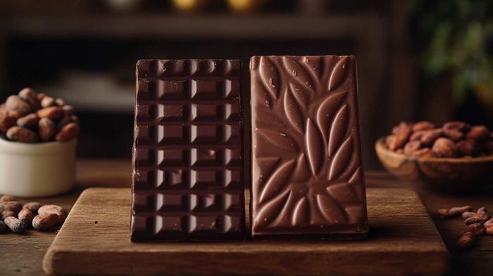 A chocolate bar sitting on top of a wooden cutting board.