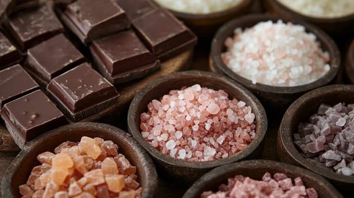 A close up of many different types of salt and blocks of chocolate.