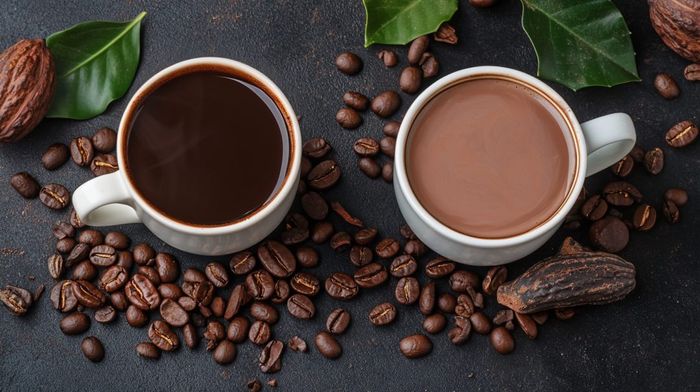 two cups of coffee surrounded by coffee beans and leaves