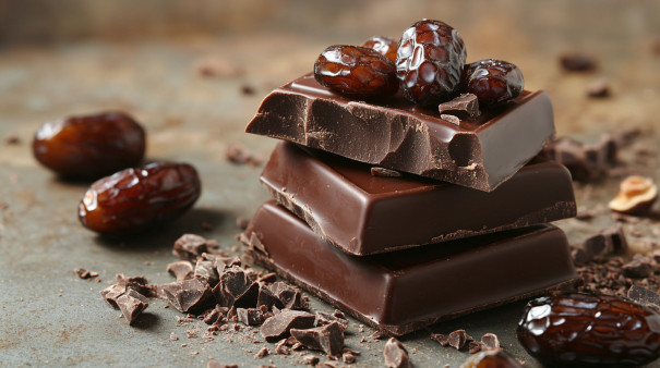 A pile of chocolate with fresh dates on top of it.