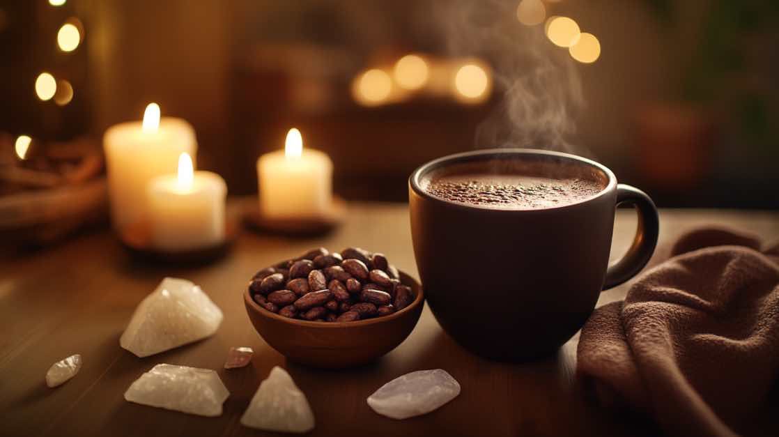 A cup of ceremonial cacao next to a bowl of cacao beans.