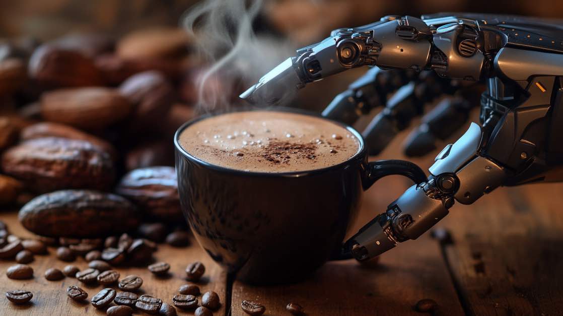 A robot hand holding a cup of cacao.