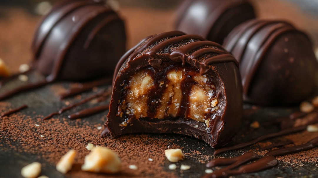 A close up of a chocolate covered dessert.