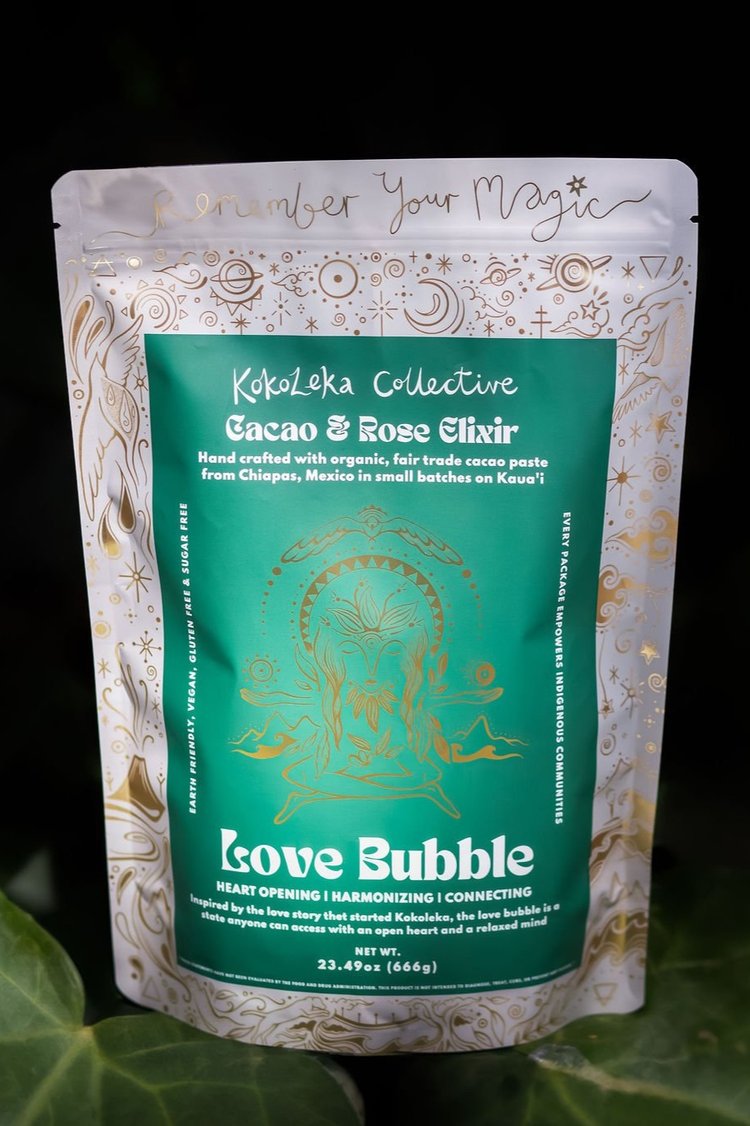 A bag of KokoLeka Collective Cacao & Rose Elixir.