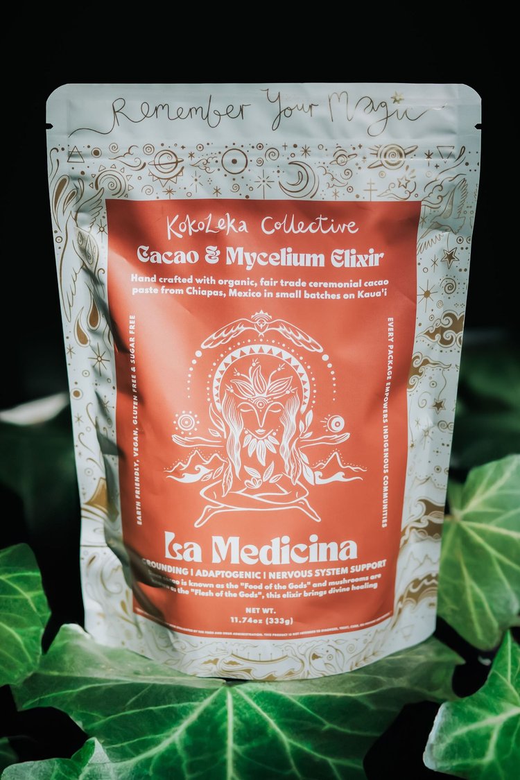 A bag of KokoLeka Collective Cacao & Mycelium Elixir.