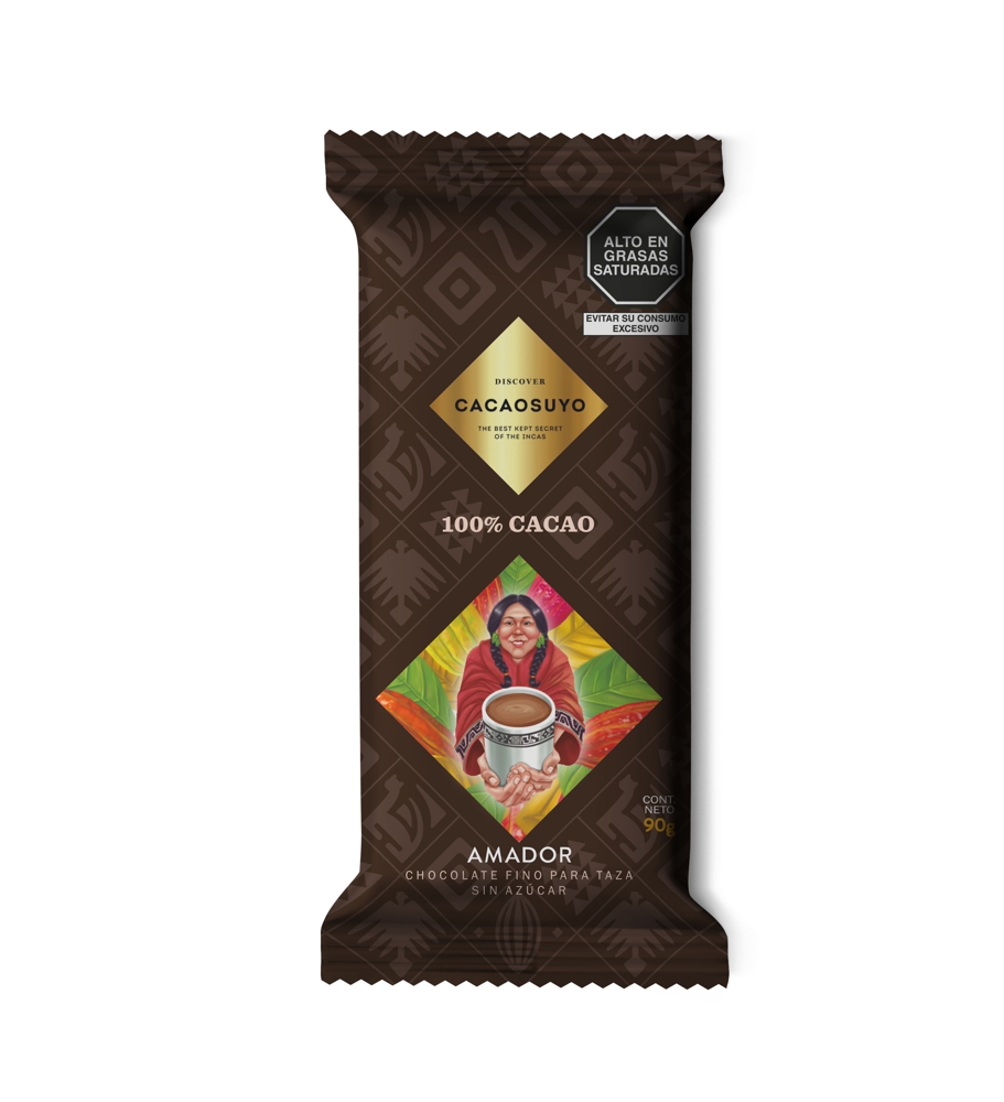 A CACAOSUYO chocolate bar with a picture of a woman holding a cup of coffee.
