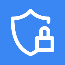 a blue background with a white outline of a shield and a padlock
