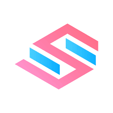 a pink and blue hexagonal logo on a white background