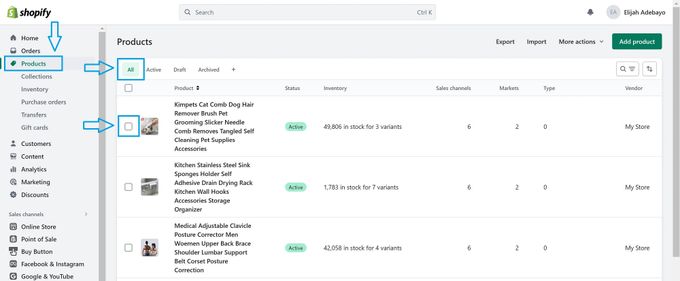 Screenshot of the products section on a Shopify admin dashboard