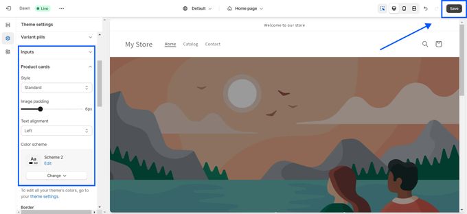A screenshot of Shopify theme editor showing Product cards side bar