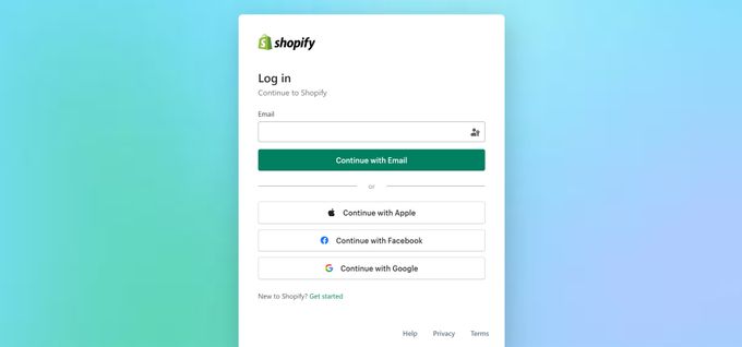 The log in screen of Shopify
