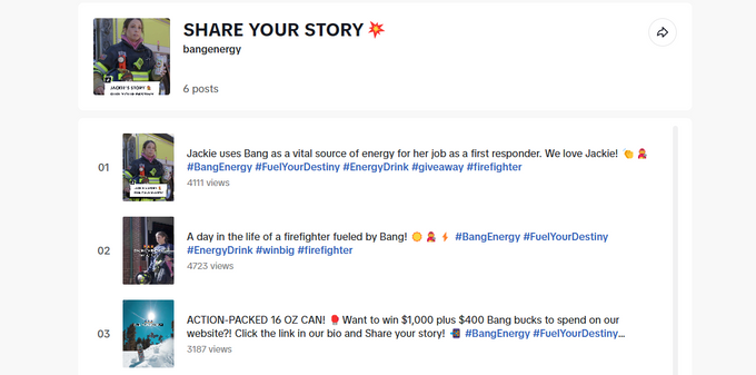 Screen shot of Bang Energy's "Share Your Story" TikTok playlist