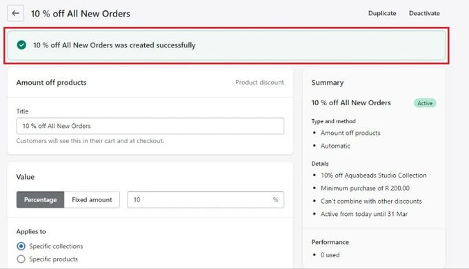 Red rectangle highlighting an automatic discount successfully created on Shopify