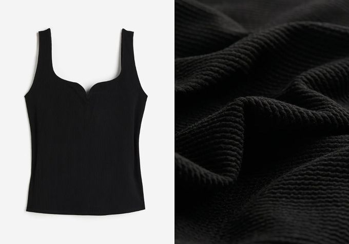 A black tank top next to a closeup image of the top's material