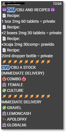 User on an Argentinean Telegram channel offering bank accounts and medical recipes. User on an Argentinean Telegram channel offering bank accounts and medical recipes.