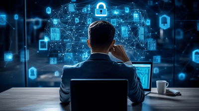 Cybersecurity expert sitting at a desk in front of a laptop with a floating digital lock above him and an interconnected web of technologies