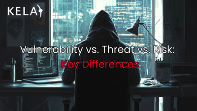 A hacker sitting in front of a window next to a laptop with web threats and vulnerabilities on the screen