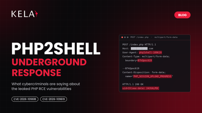 KELA blog banner: php2shell underground response, what cybercriminals are saying about the leaked PHP RCE vulnerabilities CVE-2026-109618 and CVE-2026-109619, beside a php2shell exploit request