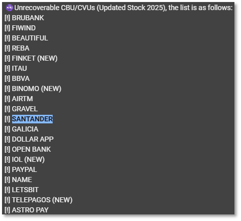 Message on an Argentine Telegram channel selling bots, bank accounts and carding. Message on an Argentine Telegram channel selling bots, bank accounts and carding.