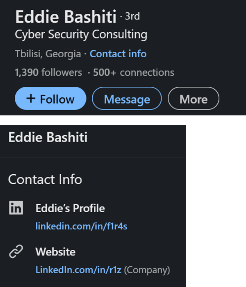 Firas’ LinkedIn Profile, showing connection to his cybercrime persona a screenshot of a cell phone with the contact button highlighted