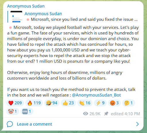 a screenshot of anonymous attack, addressing Microsoft
