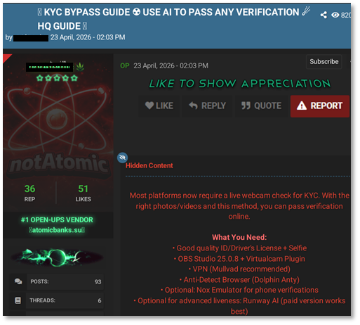 Actor on CrackedTo offering a KYC bypass with AI Actor on CrackedTo offering a KYC bypass with AI