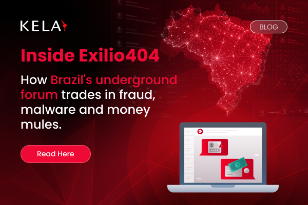 Banner for KELA's blog on Exilio404, a Portuguese-language dark web forum hosting carding, money mule and malware activity targeting Brazil.