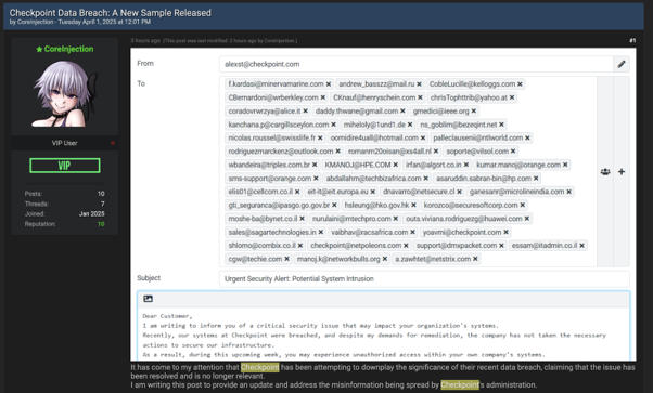 More recently in April 2025, threat actor “CoreInjection” claimed on BreachForums that they had successfully breached CheckPoint,