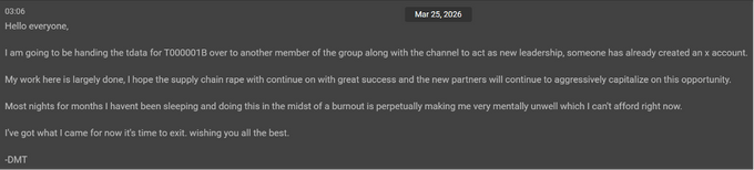 The TeamPCP owner mentions his partner (Top), and the farewell message by DMT (Bottom) The TeamPCP owner mentions his partner (Top), and the farewell message by DMT (Bottom)