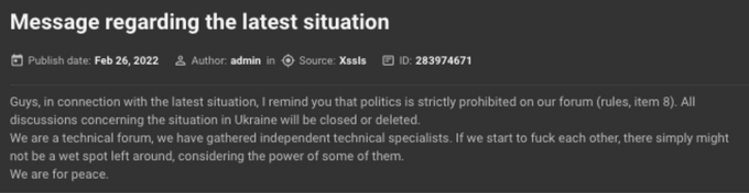 XSS admin’s statement shortly after Russia attacked Ukraine (auto-translated by KELA platform) 