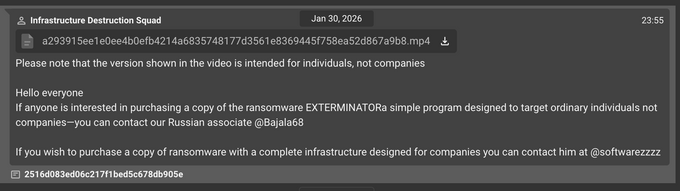 Infrastructure Destruction Squad Telegram post advertising EXTERMINATOR ransomware Infrastructure Destruction Squad Telegram post advertising EXTERMINATOR ransomware