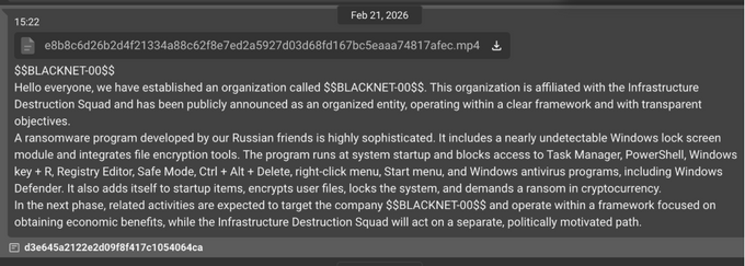 Telegram message announcing BLACKNET-00 as an affiliated ransomware organization Telegram message announcing BLACKNET-00 as an affiliated ransomware organization