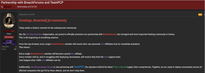Vect’s post regarding the partnership with TeamPCP Vect’s post regarding the partnership with TeamPCP