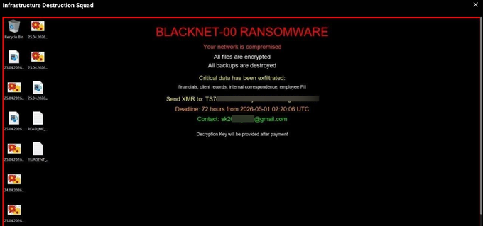Screenshot showing the BLACKNET-00 ransom demand window Screenshot showing the BLACKNET-00 ransom demand window