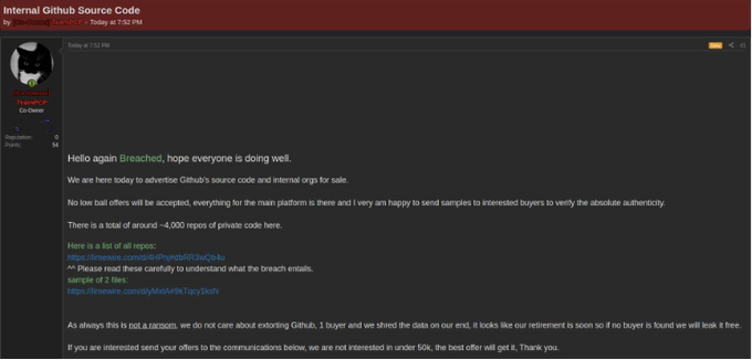 Figure 6: TeamPCP advertises Github’s source code Figure 6: TeamPCP advertises Github’s source code