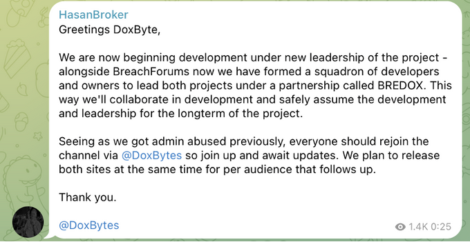 Figure 8: HasanBroker announces their BreDox initiative   (  hxxps[:]//t[.]me/DoxBytes/169  )