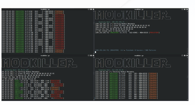 Screenshots from the channel display the initial post detailing the Modbus protocol, alongside the first and second sets of IP addresses compromised by the Modkiller script Screenshots from the channel display the initial post detailing the Modbus protocol, alongside the first and second sets of IP addresses compromised by the Modkiller script