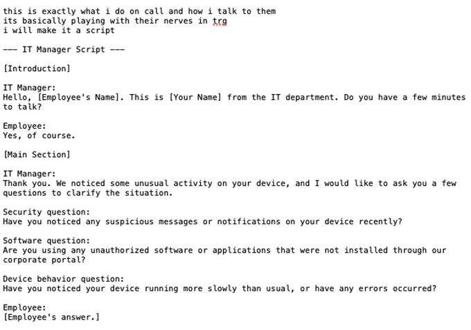 Excerpt from the vishing script in the alleged SRG leak, written as a call from the internal IT department.