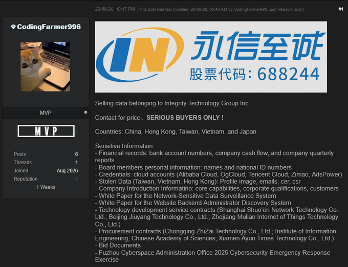 Forum thread posted by "CodingFarmer996" advertising the alleged leak of Integrity Technology Group Forum thread posted by "CodingFarmer996" advertising the alleged leak of Integrity Technology Group