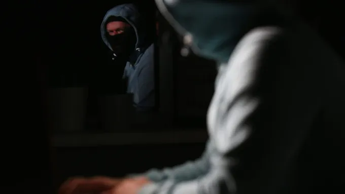 a man in a hoodie looking at his reflection in a mirror