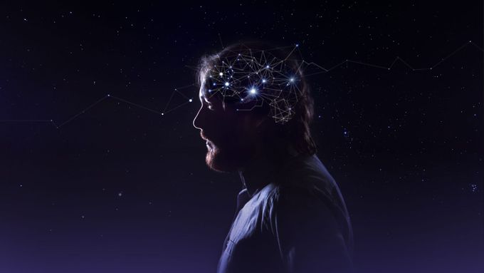 a man with his head in the shape of a brain