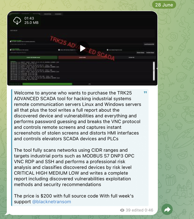 A dedicated Telegram channel for selling tools targeting ICS and OT systems A dedicated Telegram channel for selling tools targeting ICS and OT systems