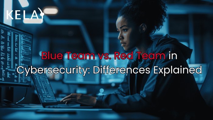 a person on a laptop with the words blue team versus red team in cyberse