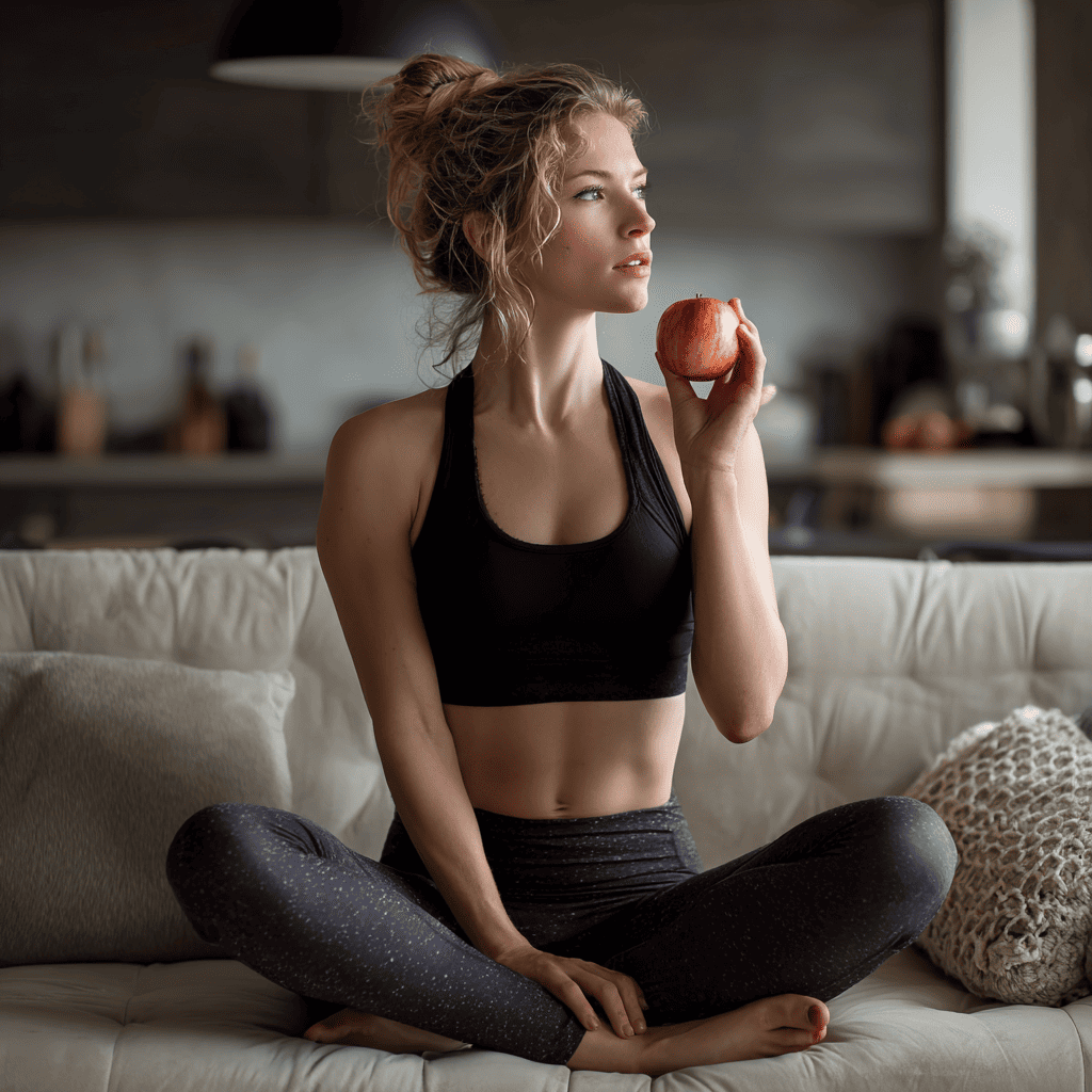 A woman sitting on her couch and eating an apple