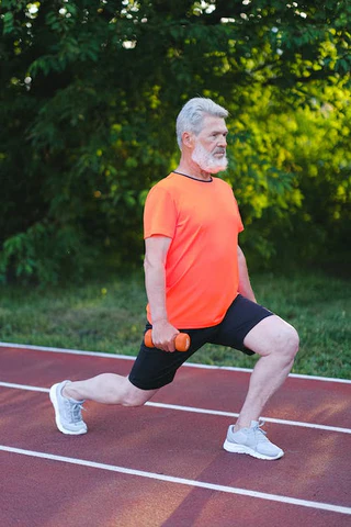 an older man is doing exercises on a track