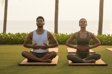 A man and woman trying better breathing while doing Kegels.