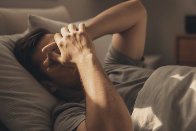 A man lying down in bed wondering how to boost his sexual stamina.