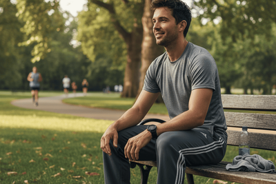 A man feeling much better after doing Kegels to help with urinary inconsistence.