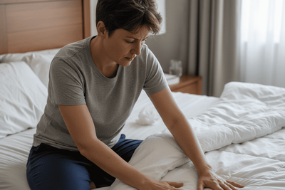 A woman checking her bed for signs of bedwetting.