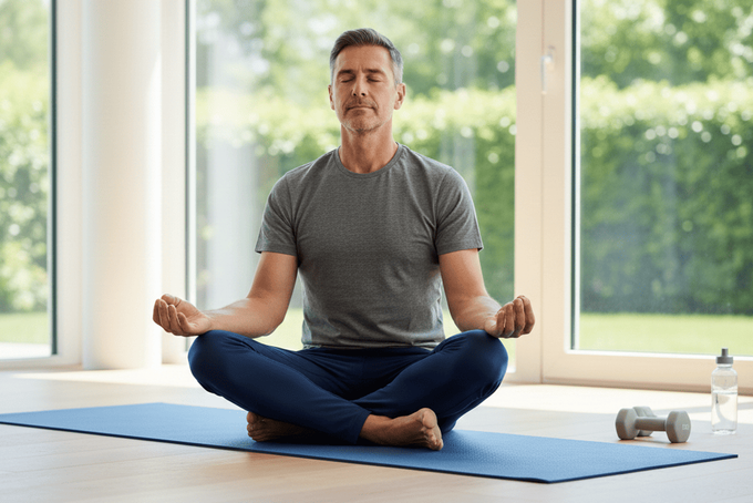 A man trying to do deep breathing to relax his pelvic floor muscles.
